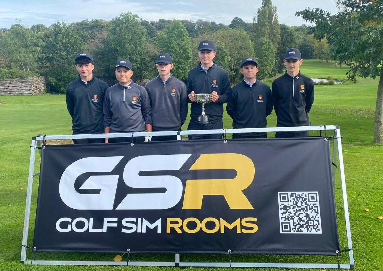 The winning Rochester & Cobham squad with their trophy after victory over Boughton in the GSR Junior4somes golf finals day at Sundridge Park. From left, Finley White, Michael Haywood, Kobi Smith, Thomas McManus, Oliver McDonnell and Harry Fryer. Picture: Richard Jarmak