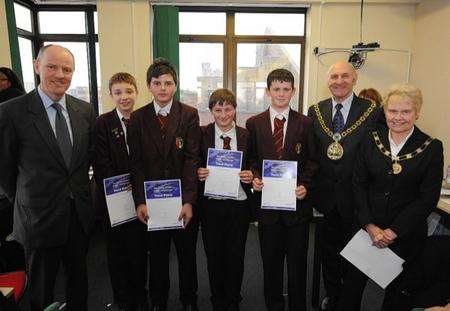 Schools' Minister Nick Gibb, left, with team two from Sittingbourne Community College who took third place. Also pictured are the Mayor of Swale, Cllr Ben Stokes and the Mayoress, Cllr Sylvia Bennett Picture: John Connor Press Associates ltd