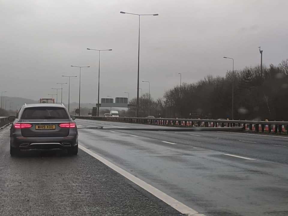 The fallen lamppost blocked all three lanes on the M20. Picture: Steve Squires (28768550)