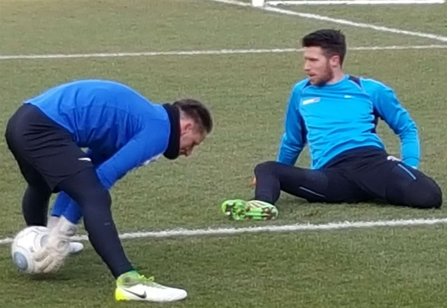 Dover keepers Lee Worgan, left, and Mitch Walker warm-up before a game at Crabble