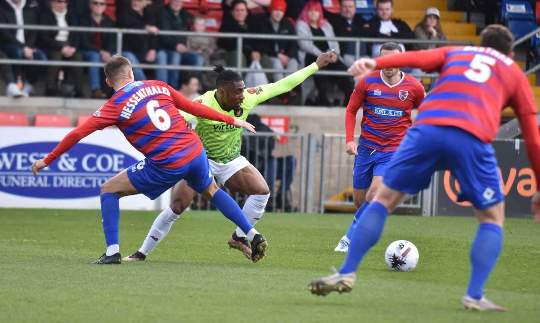 Darren McQueen on the ball for Ebbsfleet at Dagenham on Easter Monday. Picture: Ed Miller/EUFC