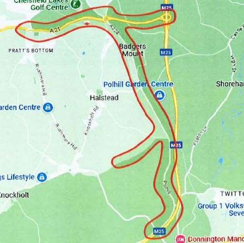 The "car cruising" area as outlined in red which will be targeted by the PSPO. Photo: Sevenoaks council