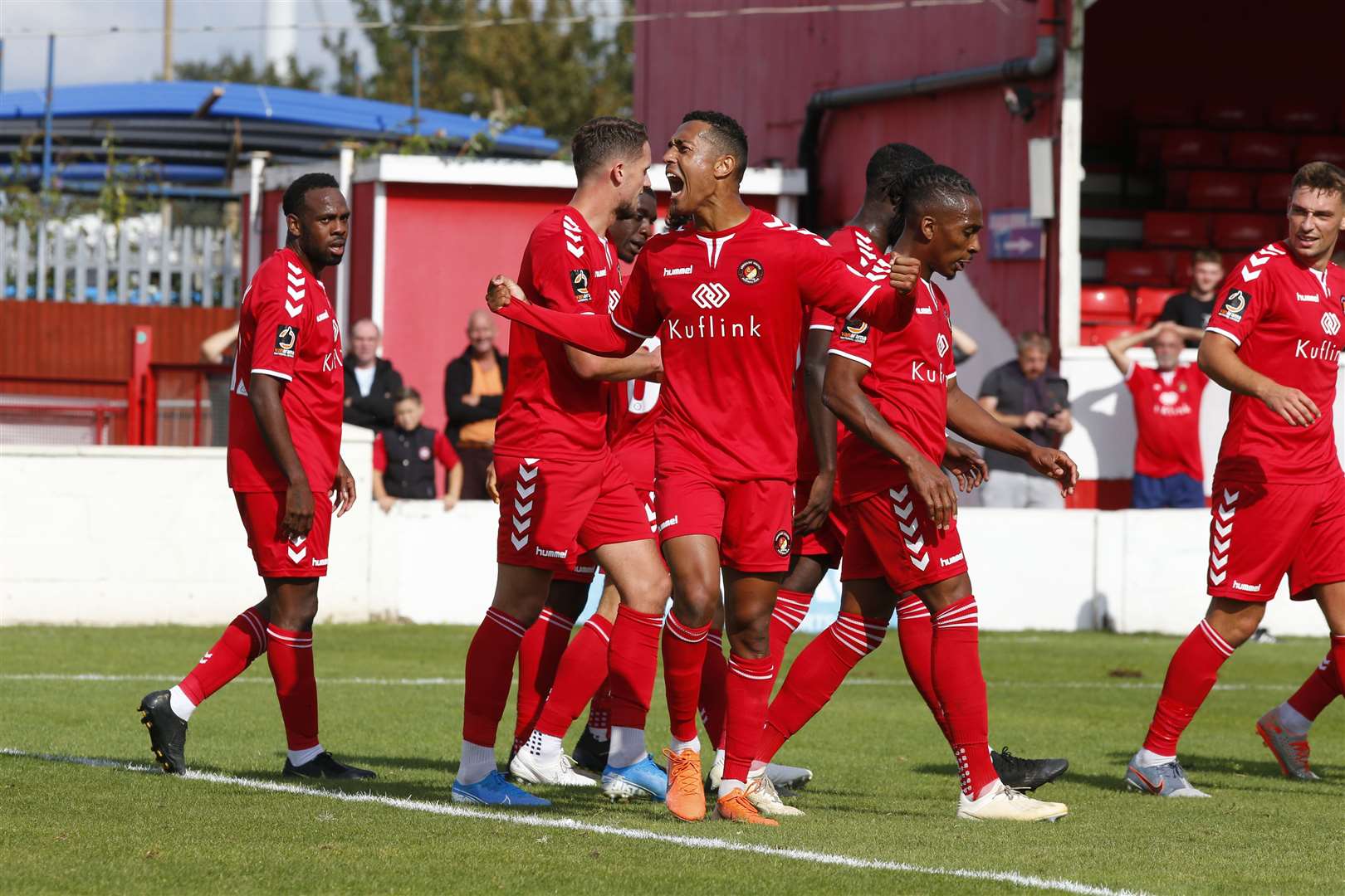 Alex Reid celebrates putting Ebbsfleet in front against Eastleigh Picture: Andy Jones