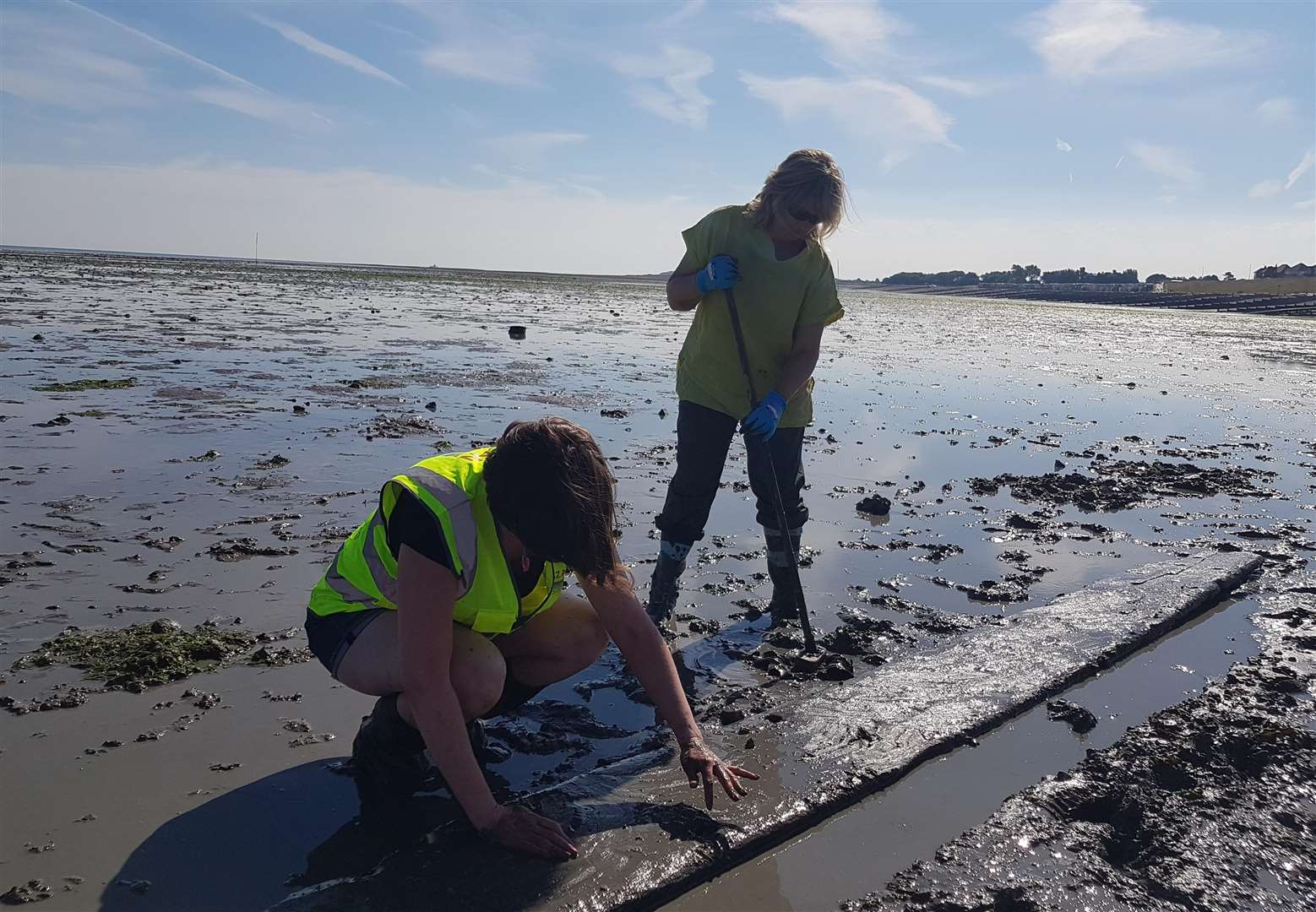 Volunteers cleaning a piece of timber found during the excavation