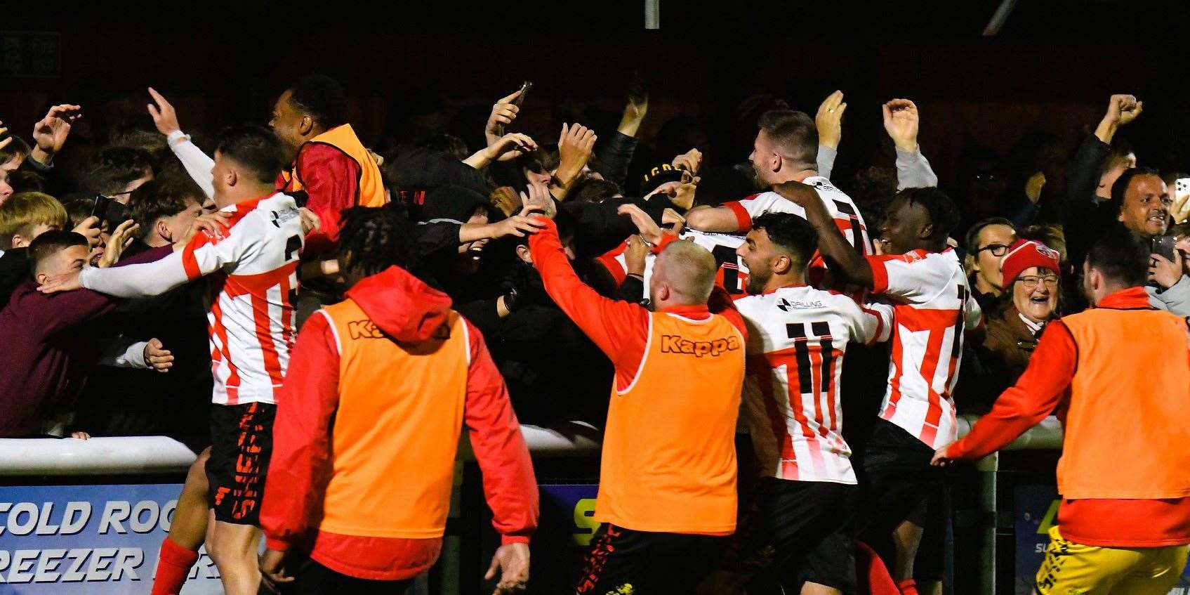 Sheppey United celebrate with the fans as they win their FA Cup Fourth Qualifying Round replay 5-4 on penalties after a 1-1 draw on Tuesday night. Picture: Marc Richards