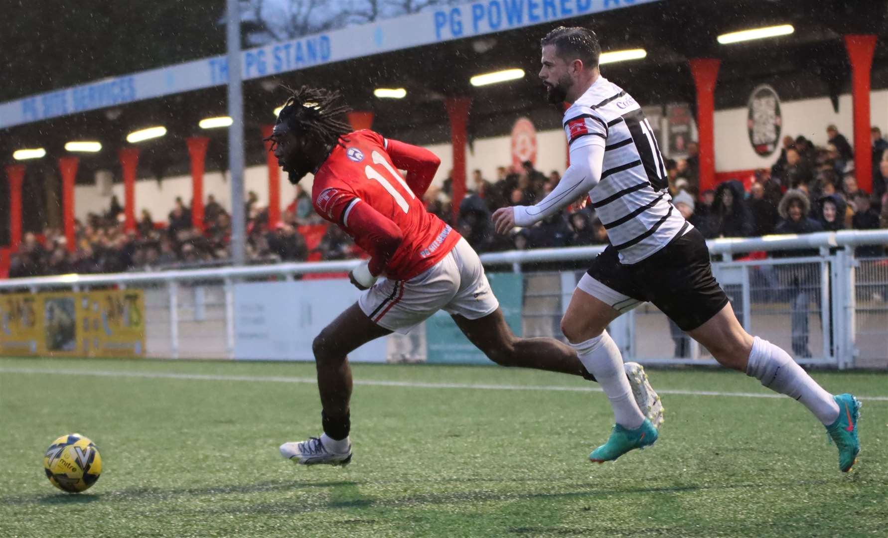 Chatham's Jamie Yila skips away from Margate playmaker Ben Greenhalgh. Picture: Max English (@max_ePhotos)