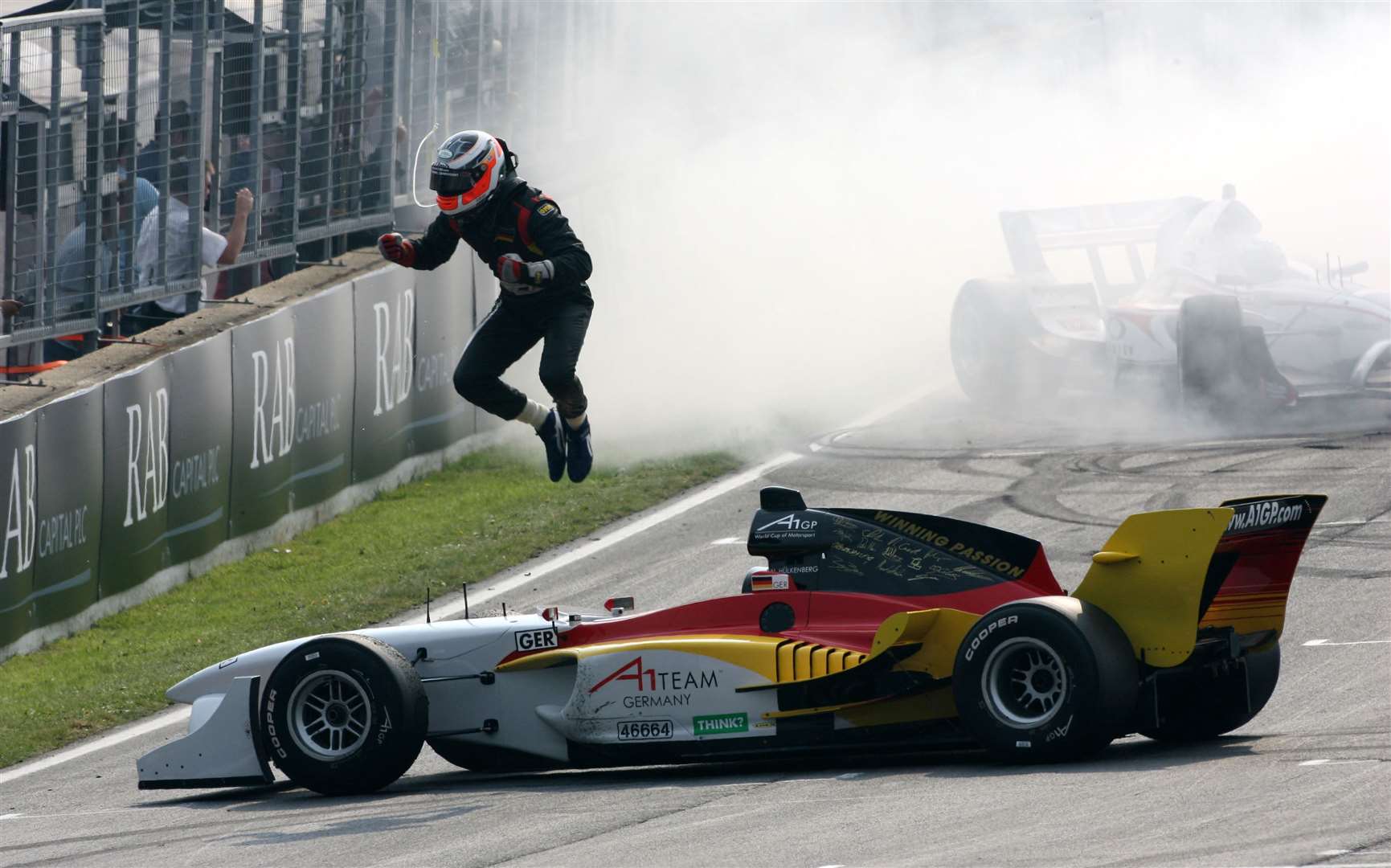 Team Germany's Nico Hulkenberg celebrates on the Brabham Straight in 2007