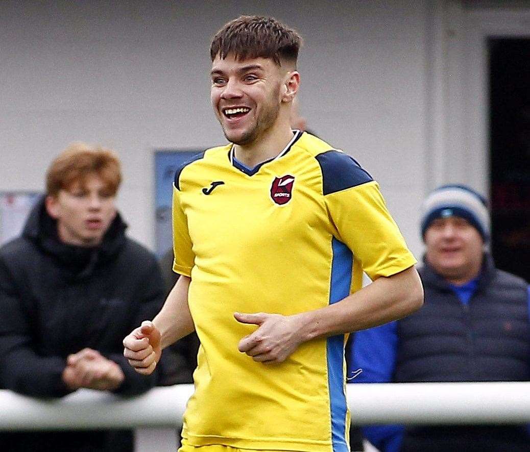 Regan Corke celebrates his goal for K Sports at Chatham Picture: Sean Aidan