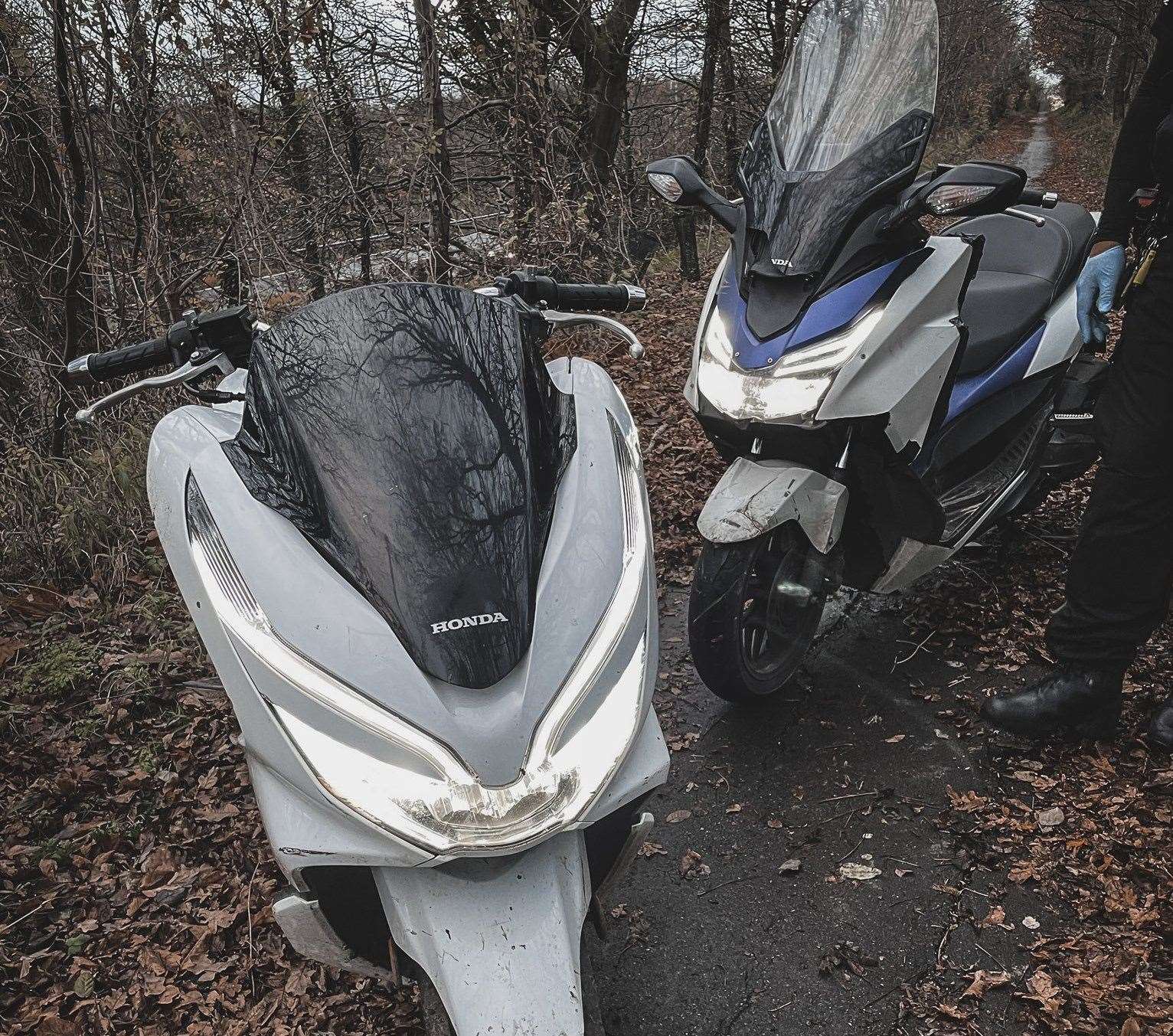 Police used stinger traps to stop two mopeds after riders were reportedly seen brandishing hammers while riding around Gravesend. Picture: Kent Police (53665165)