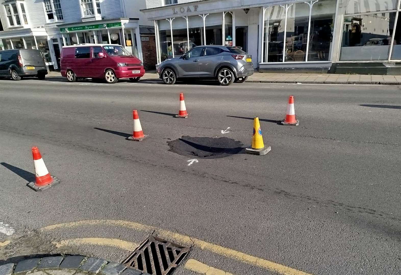 The hole in Sandgate began to sink yesterday. Picture: Tim Prater