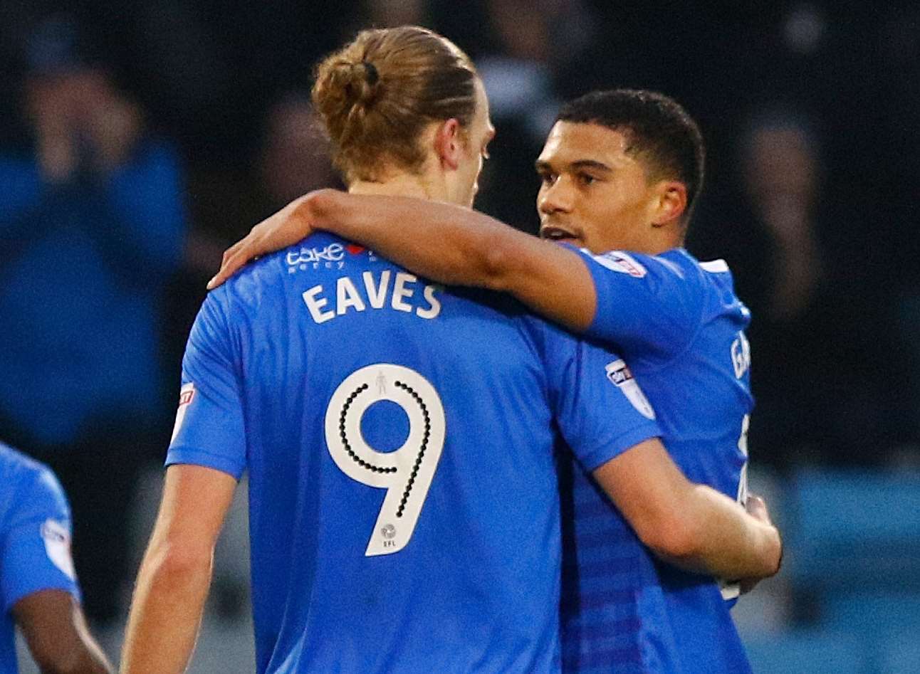 Bradley Garmston is congratulated on his free-kick goal against Rochale by team-mate Tom Eaves Picture: Andy Jones