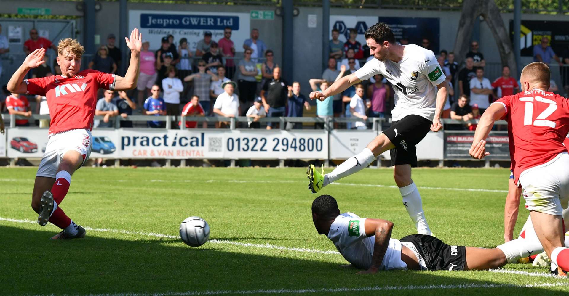 Darts midfielder Luke Allen sees his low shot blocked against Charlton. Picture: Keith Gillard (49493313)