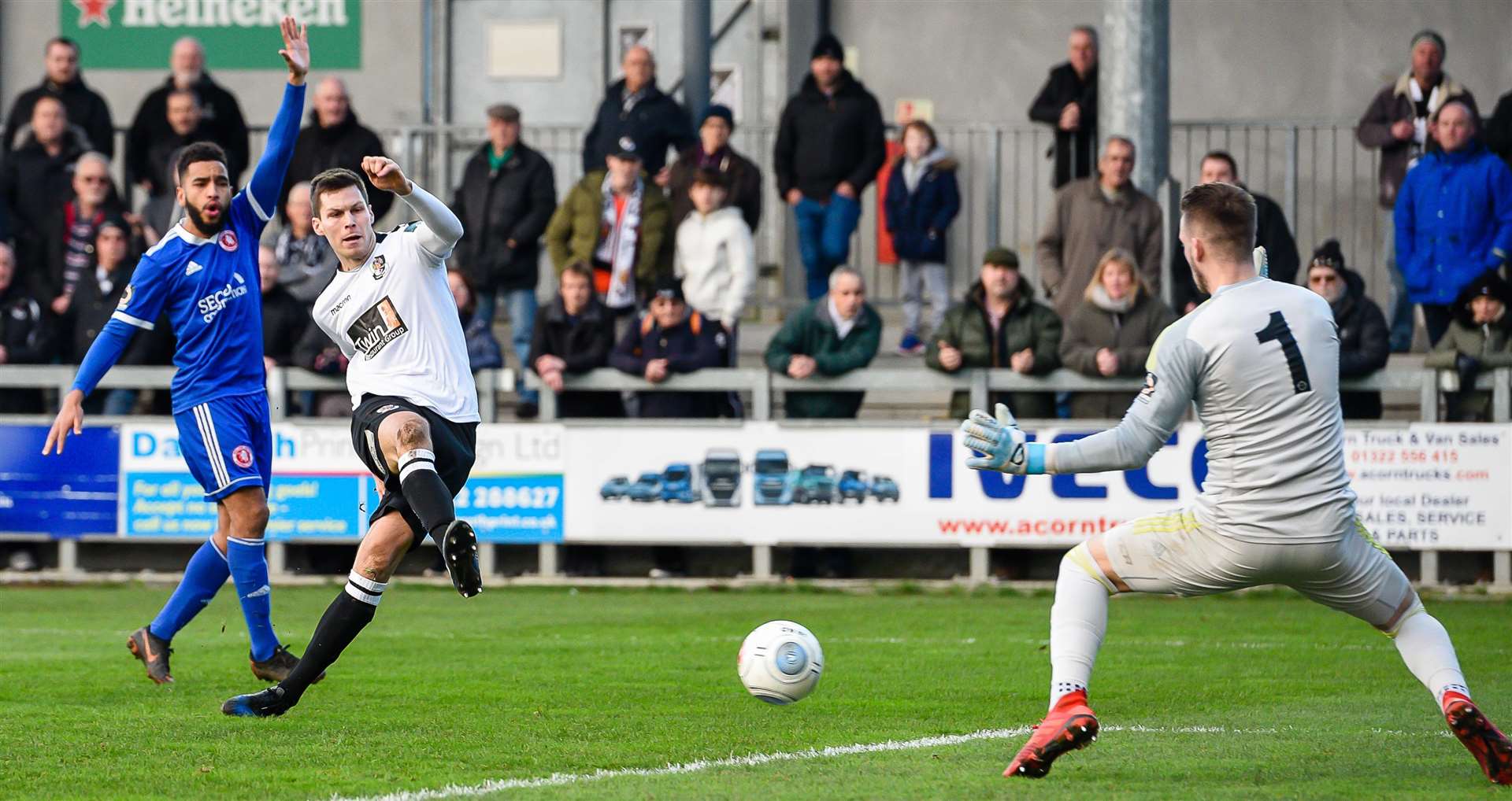 Charlie Sheringham is denied by Welling keeper Dan Wilks early on. Picture: Alan Langley