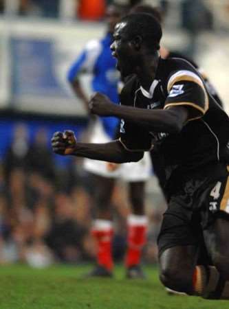 WINNER: Amady Faye celebrates his vital goal. Picture: BARRY GOODWIN