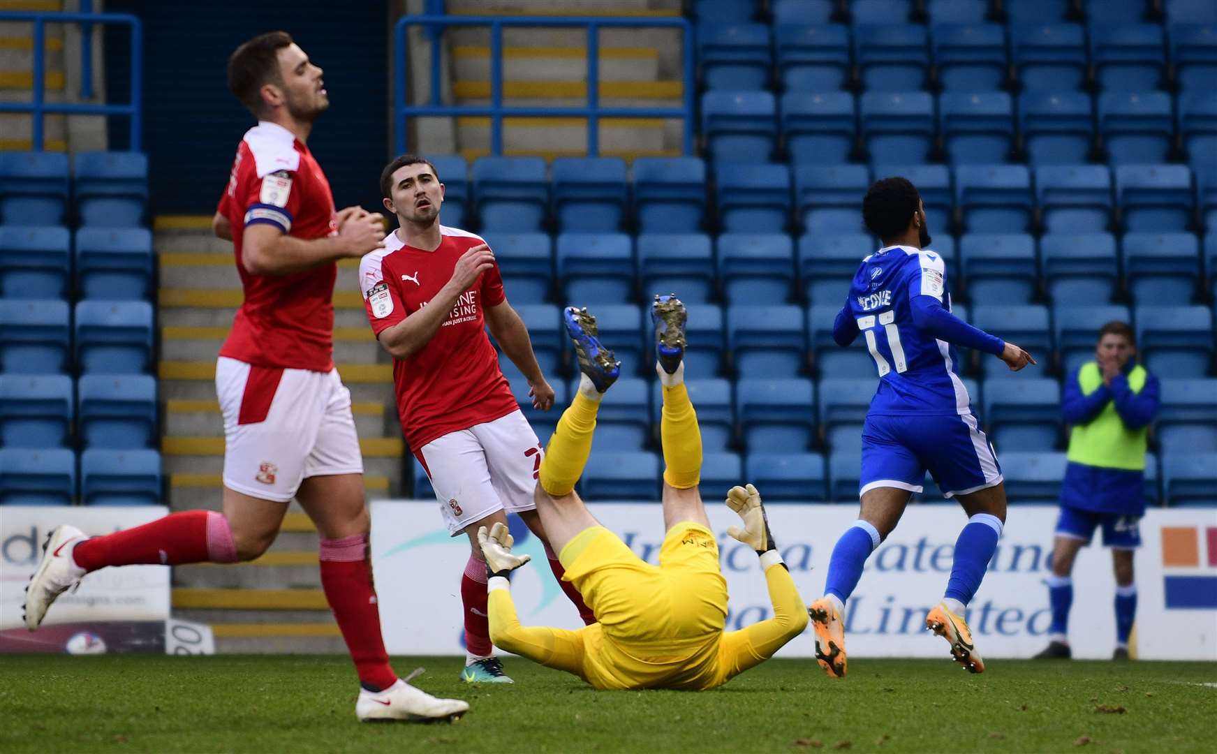 Trae Coyle scores Gillingham's second goal against Swindon. Picture: Barry Goodwin (43420971)