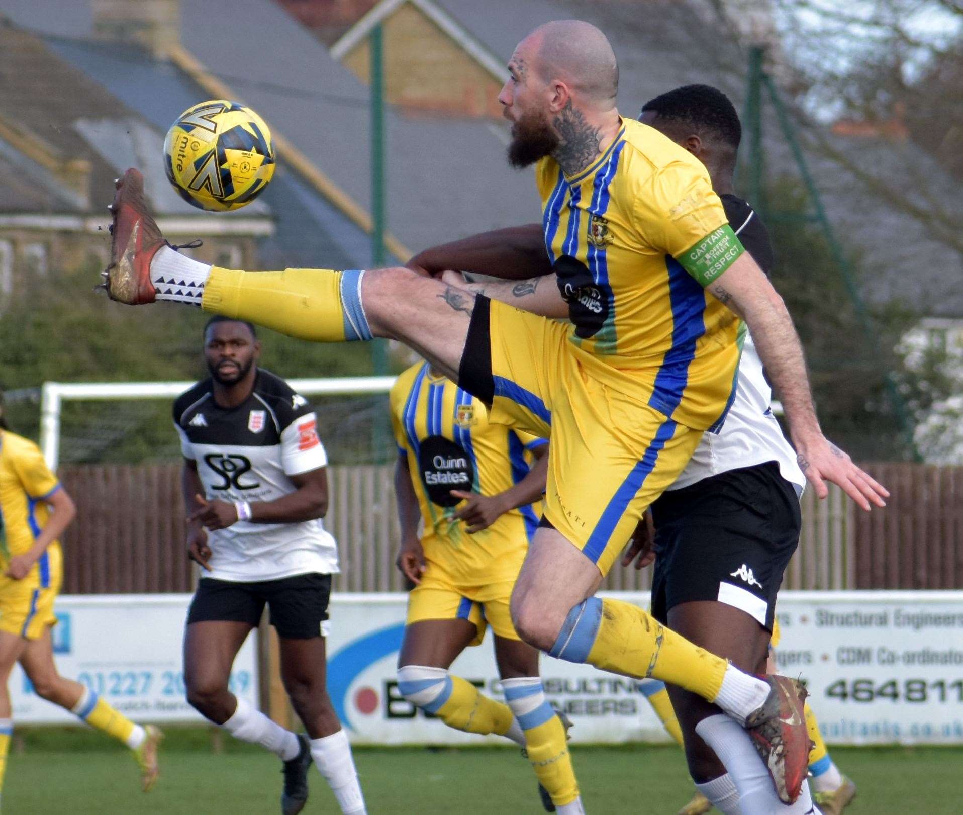 Sittingbourne skipper Joe Ellul battles for the ball. Picture: Randolph File