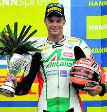 Leon Camier celebrates his third place in the British Superbikes at Silverstone