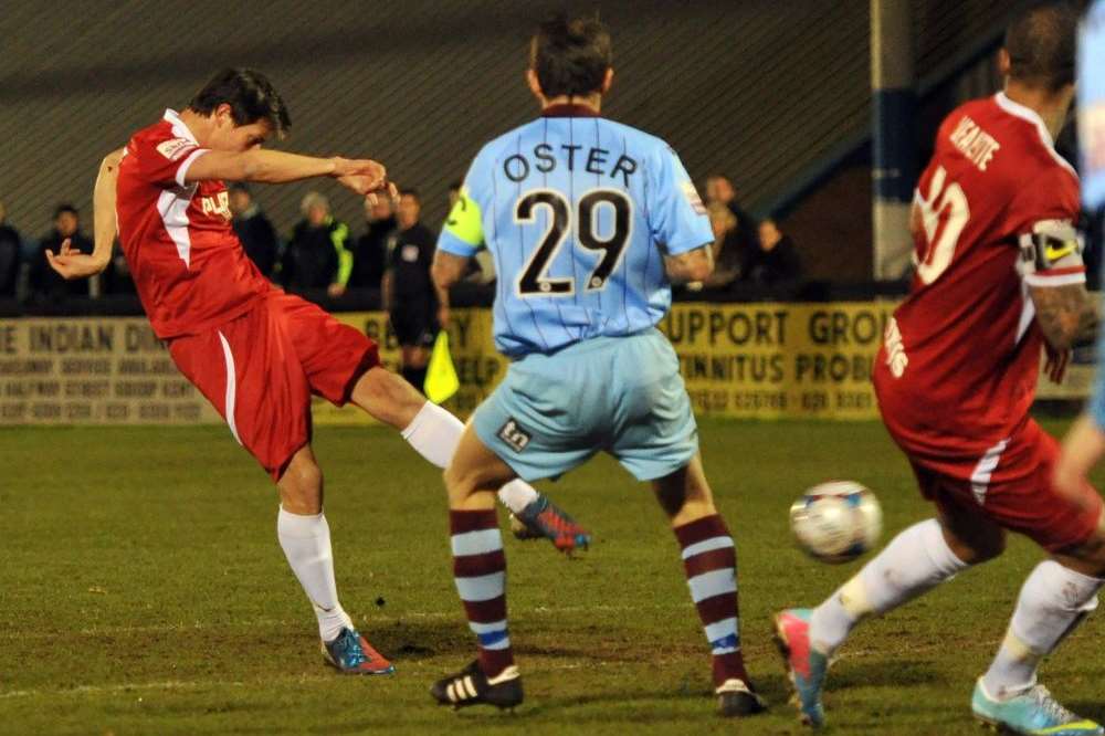 Joe Healy scores Welling's first goal against Gateshead Picture: Keith Gillard