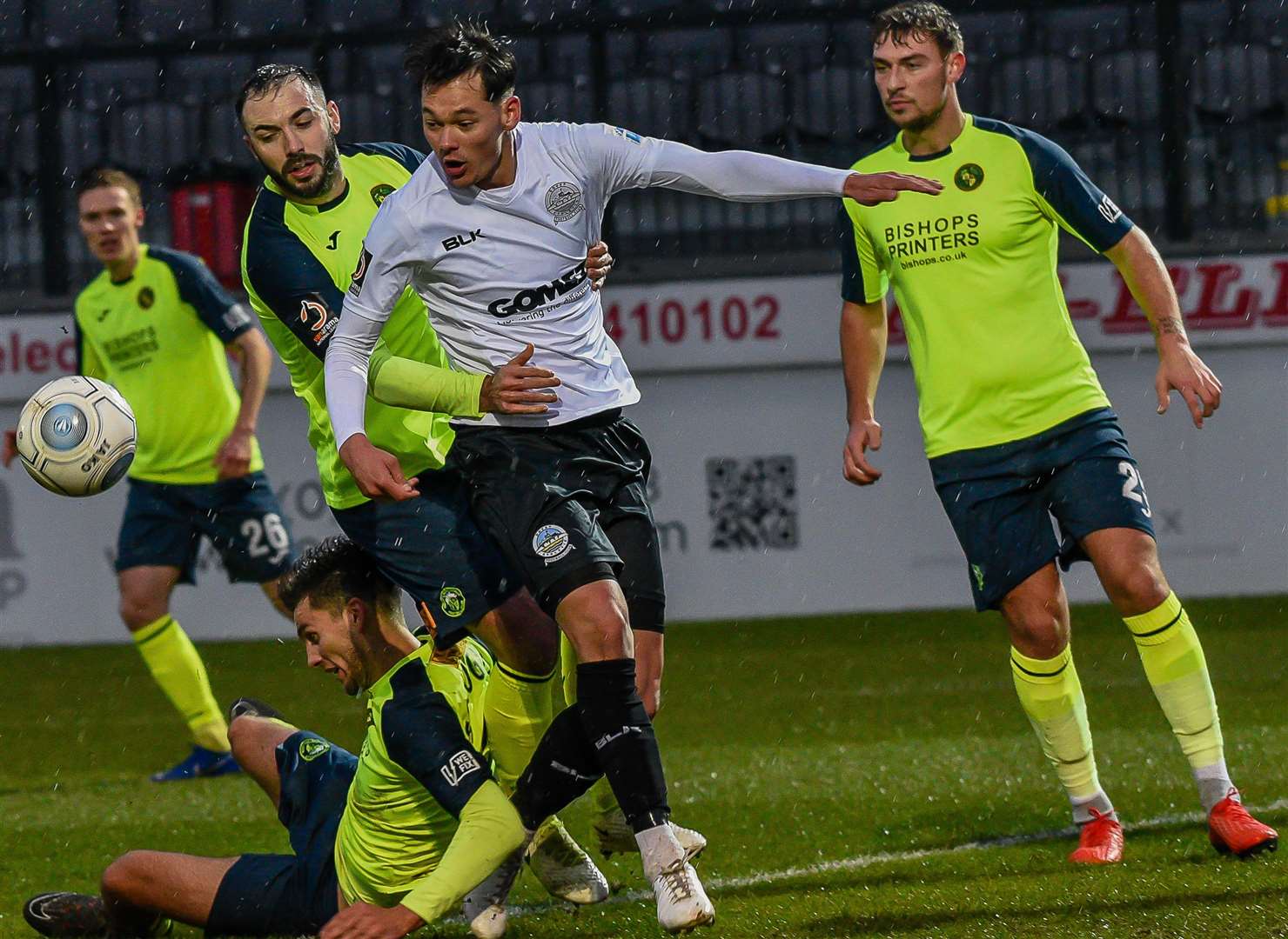 Dover's Alfie Pavey in the thick of things against Havant during the FA Trophy tie between the teams at Crabble in December Picture: Alan Langley