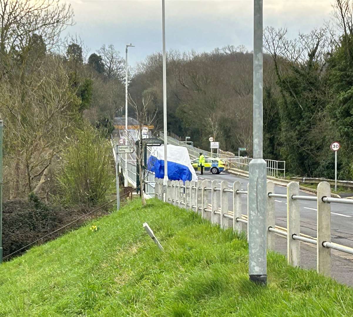 A white tent was erected near a bus stop in the village