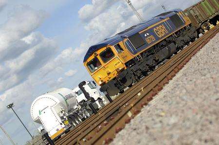 First freight train carrying spoil from the Crossrail project on the new industrial railway track between Ebbsfleet and Northfleet. Picture: Steve Carter