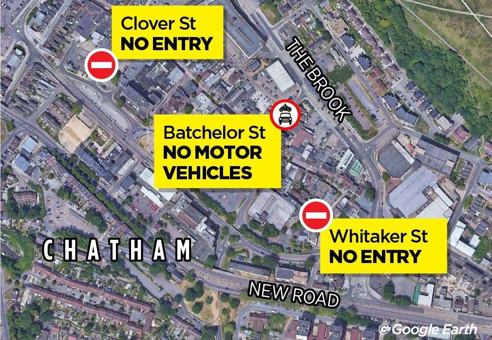 Chatham High Street's pedestrianised area will be enforced with ANPR cameras and will catch drivers who attempt to enter it on Clover Street, Batchelor Street and Whitaker Street.