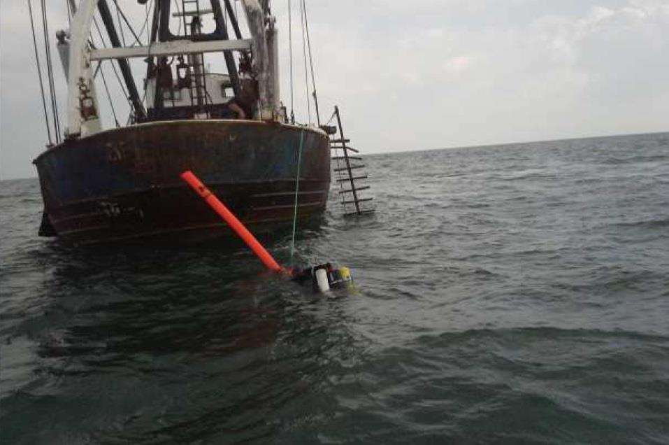 Ingram in the water next to vessel De Bounty, taken by the French surveillance officers