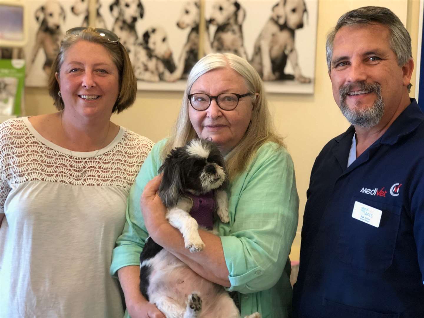 Debbie Crouch, Daphne Harrigan and Ryk Botes with Poppet after surgery