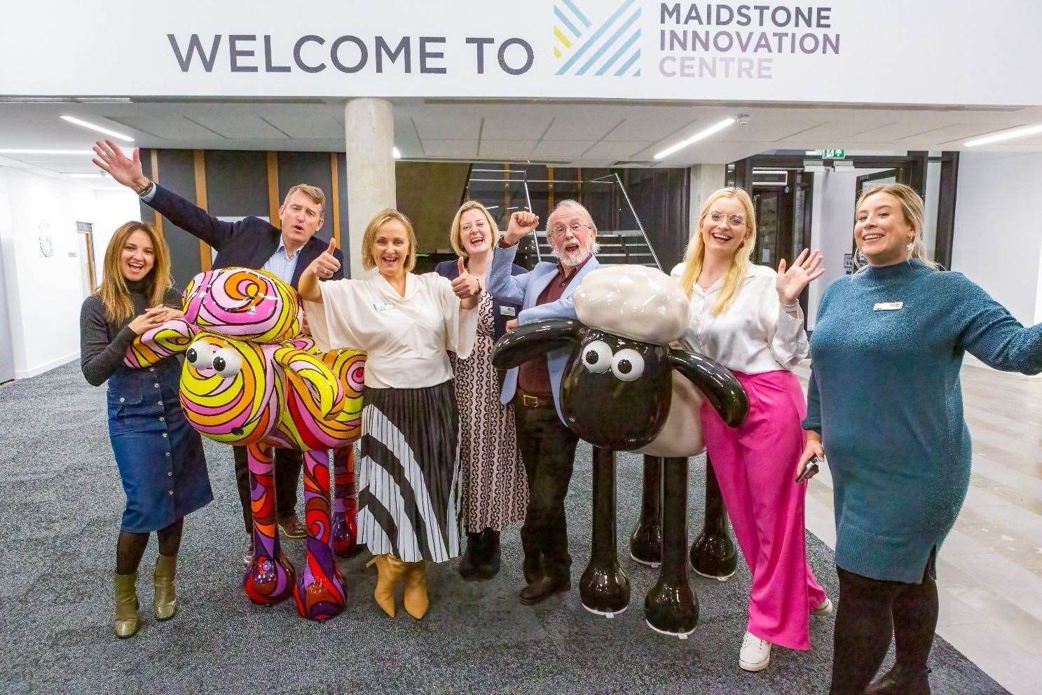 Cara Davies, Charlie Langhorne, Rachel Street, Ann-Marie Kelly, Peter Lord, Isy Langhorne and Kate O'Callaghan with the sculptures