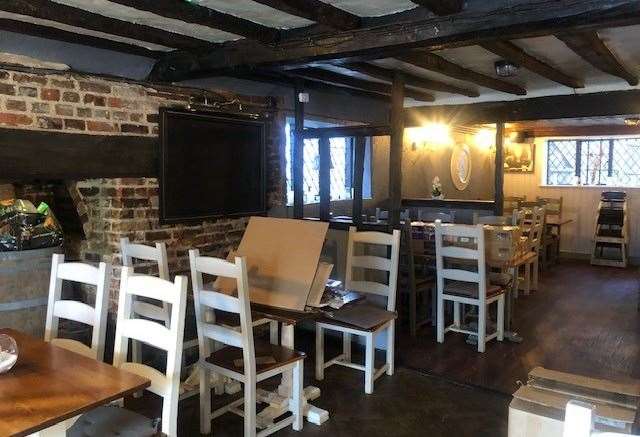 The heavily-beamed dining area to the left of the pub wasn’t in use while I was in and certain areas were being used for storage