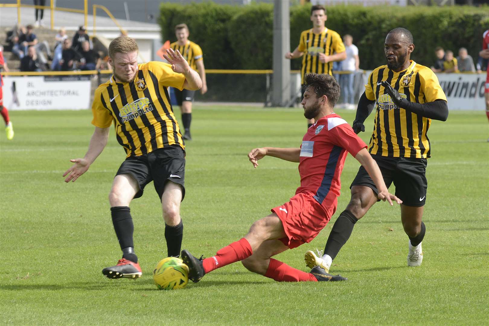 Scott Heard gets stuck in for Folkestone against Leatherhead Picture: Paul Amos