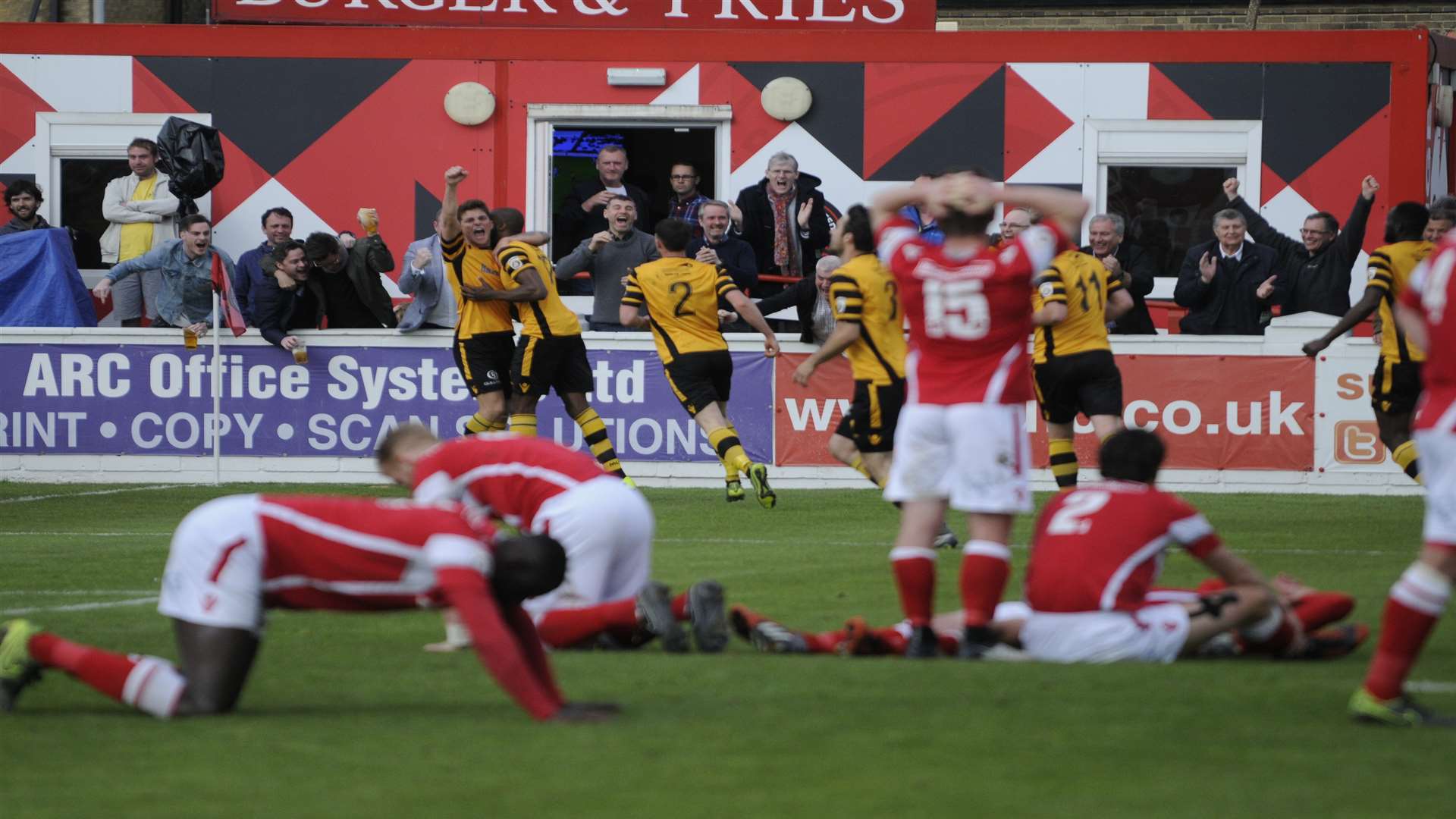 Maidstone celebrate Dumebi Dumaka's last-gasp equaliser in the play-off final Picture: Gary Browne