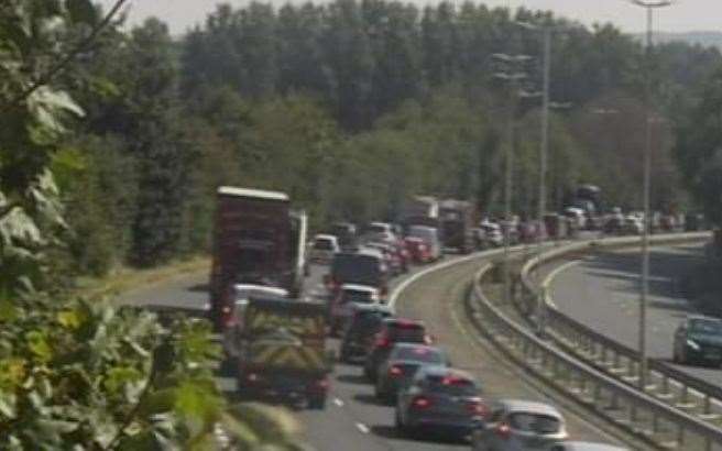 Traffic is building on the A299 Thanet Way between Faversham and Whitstable after a crash. Picture: Kent Highways