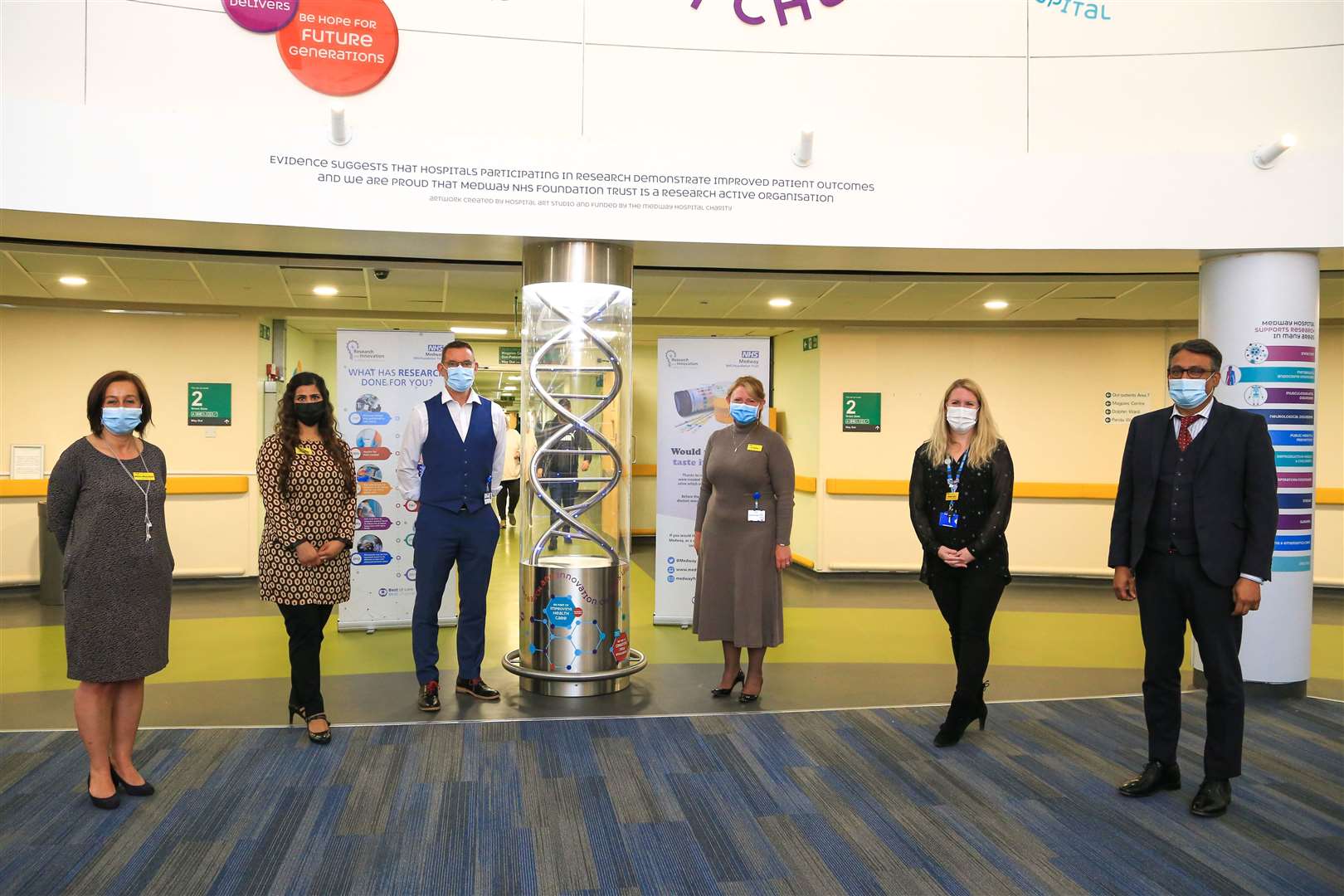 From left: Dr Edyta McCallum, head of research and innovation, Dr Iram Ahmed, clinical operations manager, Dr George Findlay, chief executive, Jo Palmer, chair, Donna Law charity and fundraising manager and Professor Ranjit Akolekar consultant in foetal medicine and obstetrics. Picture: Medway NHS Foundation Trust