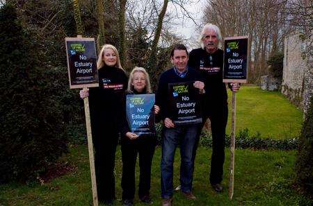 Jools Holland (second from right) with anti-airport campaigners (from left to right) Joan Darwell, Gill Moore and George Crozer.