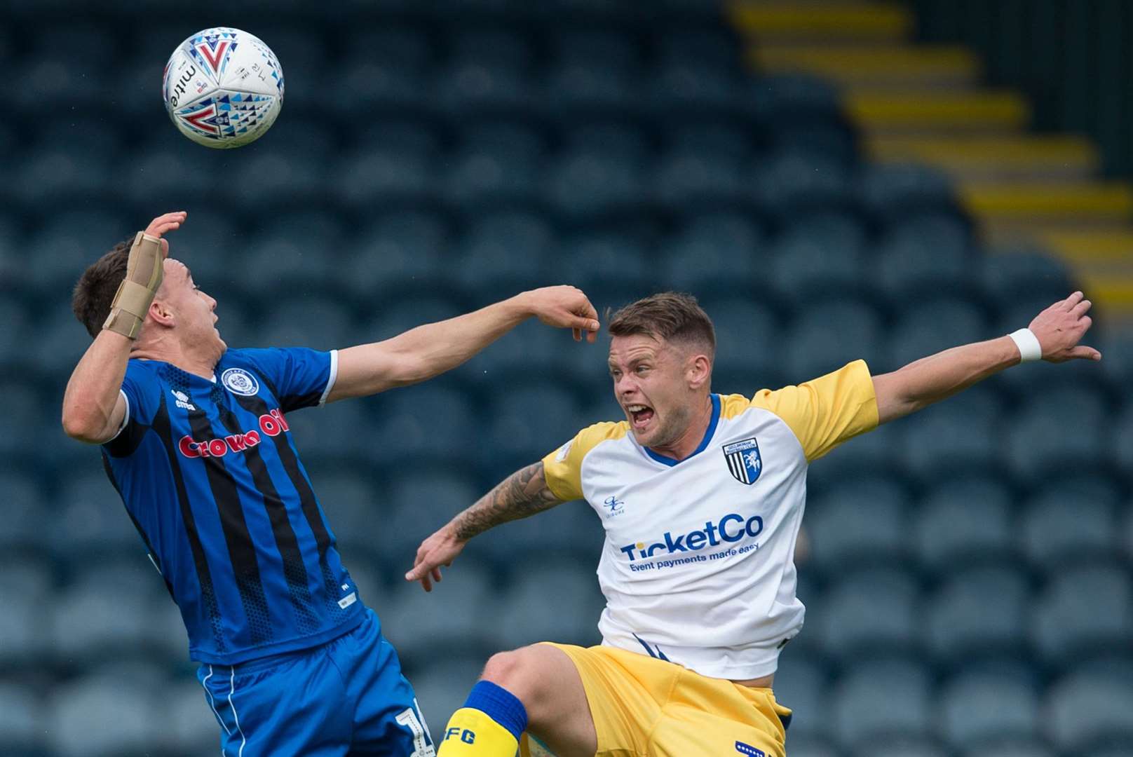 Mark Byrne jumps for the ball with Oliver Rathbone Picture: Ady Kerry