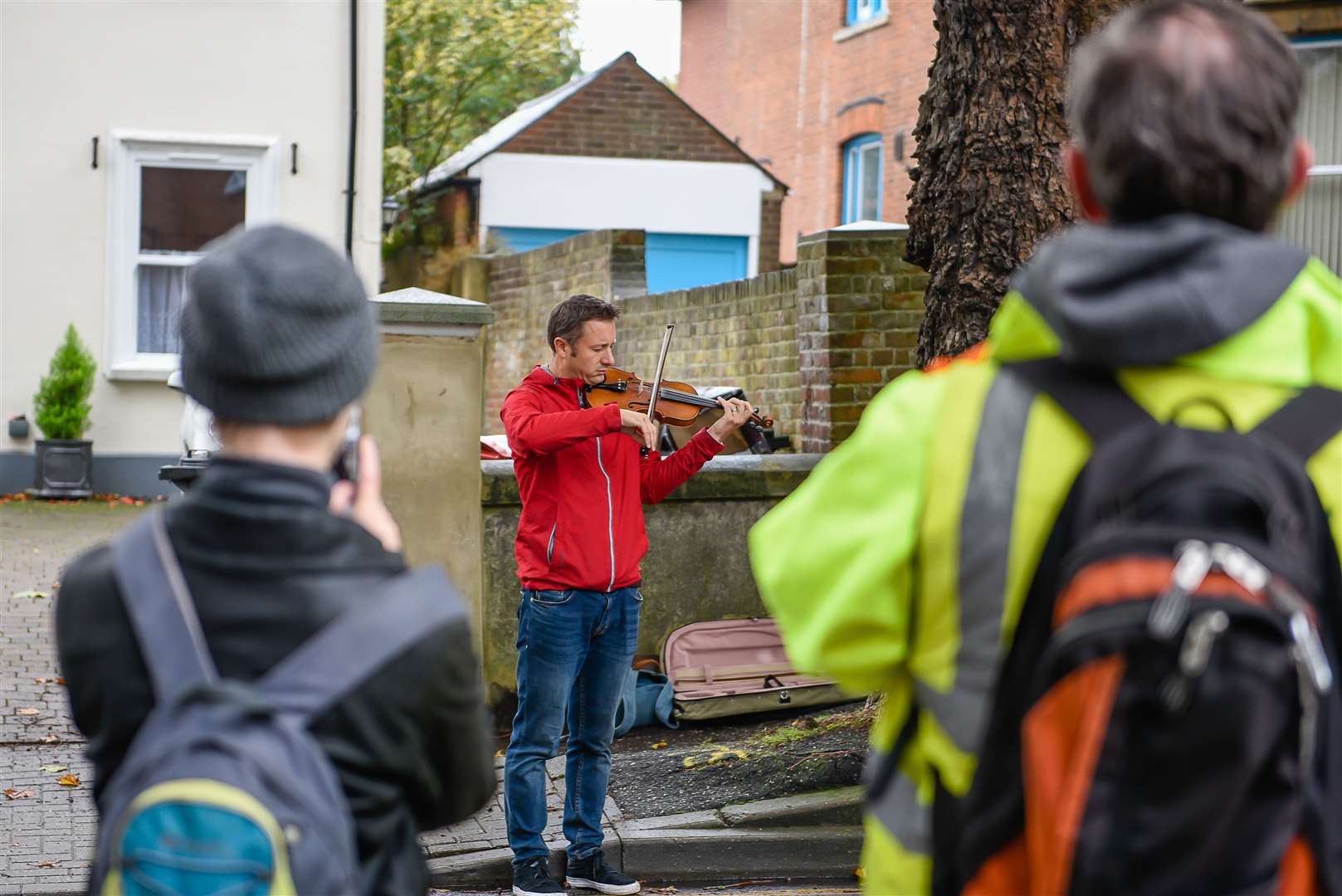 One of the protestors played Wonderful World on his violin. Protest against tree being chopped down. London Road, Canterbury, CT2 8JZ (opposite junction with Temple Road). 121019 Picture: Alan Langley.... (19160864)