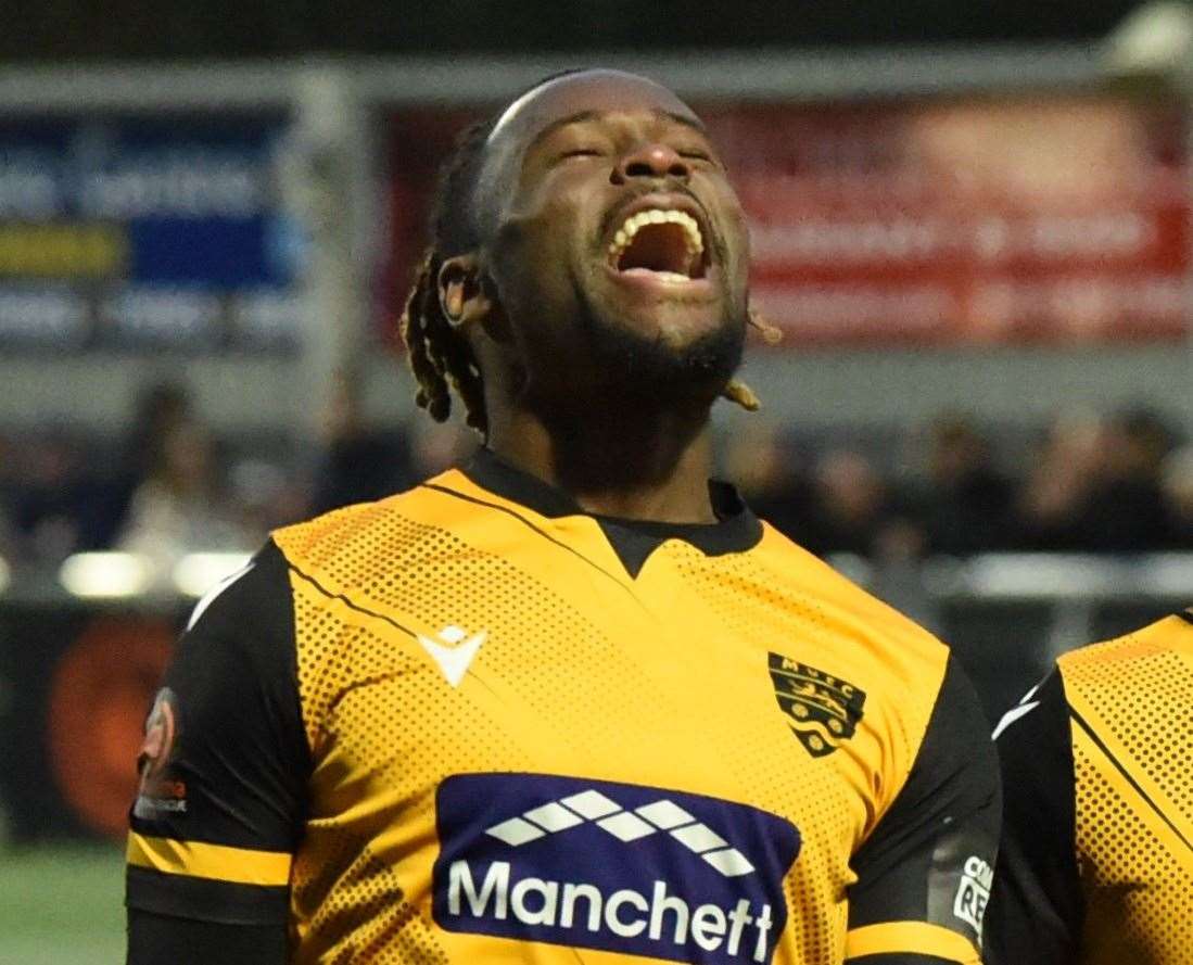 Christie Pattisson celebrates scoring what proved to be the winning goal against Maidenhead - Maidstone's last National League victory. Picture: Steve Terrell