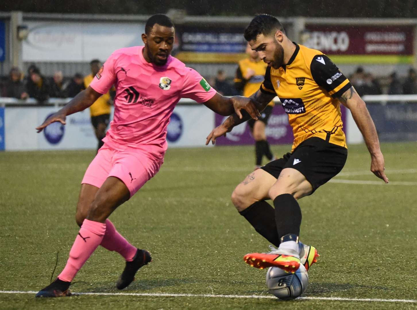 Maidstone winger Joan Luque takes on Darts right-back Josh Clarke Picture: Steve Terrell