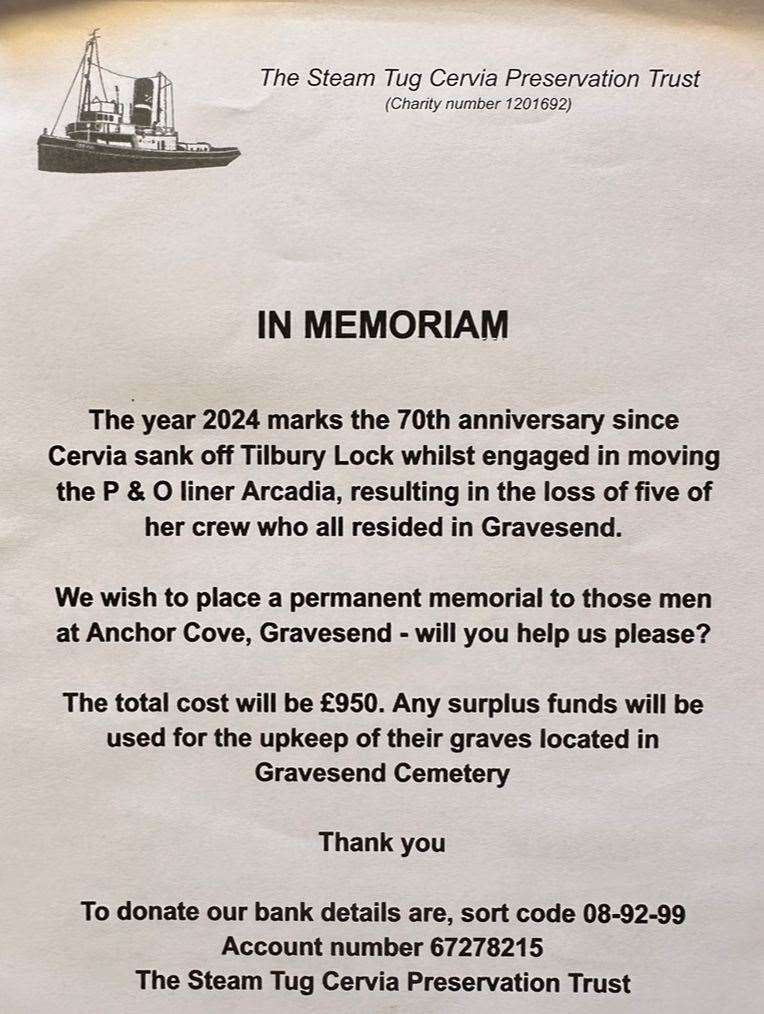 The appeal flyer to donate to the Steam Tug Cervia Preservation Trust and fund a permanent memorial in Gravesend