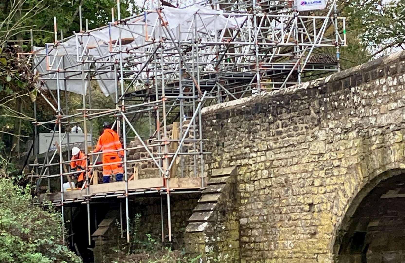 Repair work to Teston Bridge seen from the bank