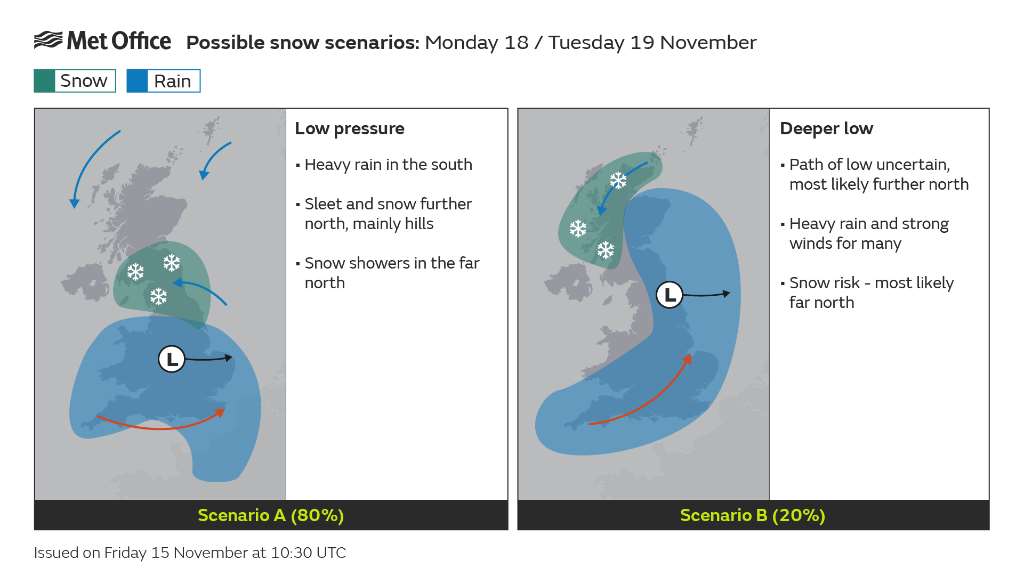 The Met Office has issued two potential scenarios for how snow is likely to affect the UK next week (Met Office/PA)