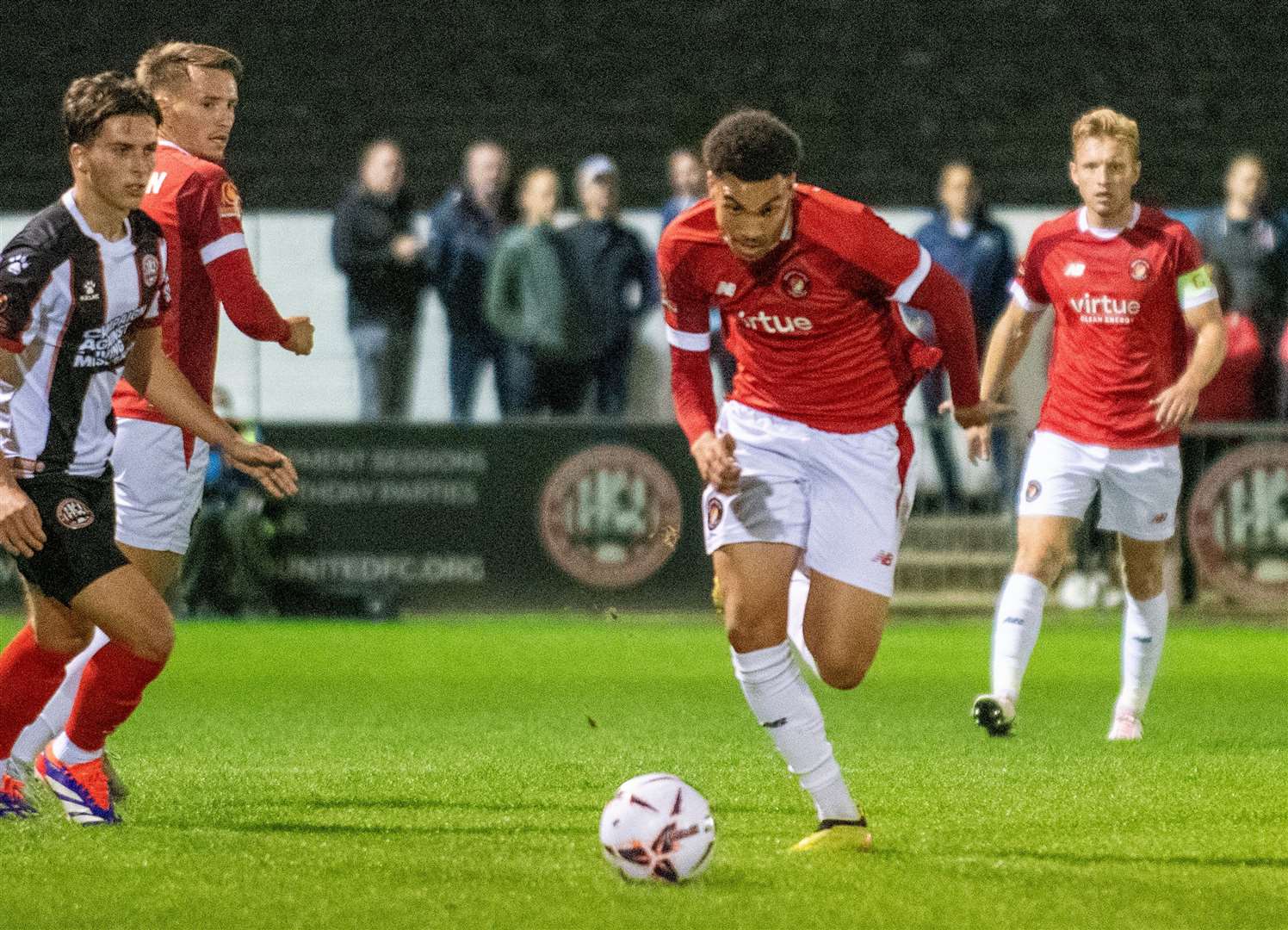 Ebbsfleet’s Sha'mar Lawson drives forward during Tuesday night’s 2-1 defeat at Maidenhead. Picture: Ed Miller/EUFC