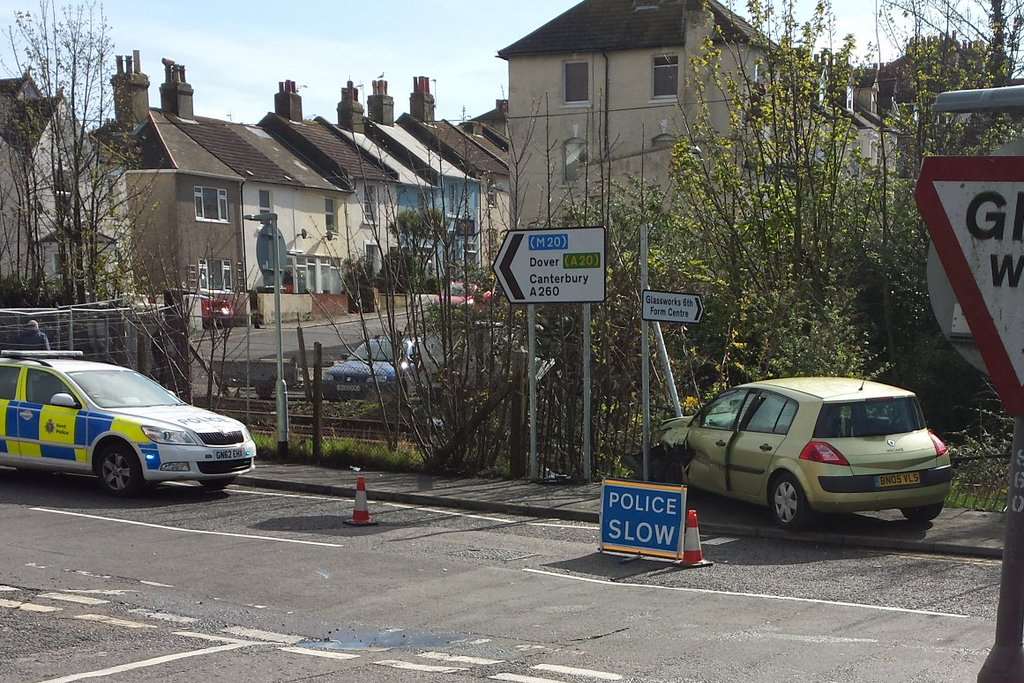 Scene of the crash in Tram Road, Folkestone. Picture: @monsieurijh