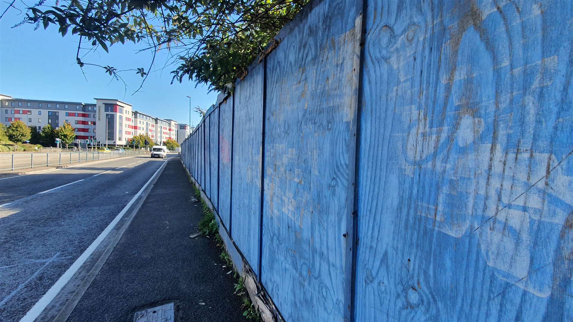 The blue hoardings in Pier Road, Gillingham are opposite new developments including the Premier Inn, which was built in 2015