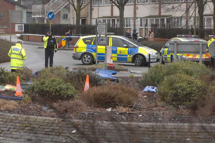 Tyre marks on the roundabout where a couple's car crashed in Canterbury