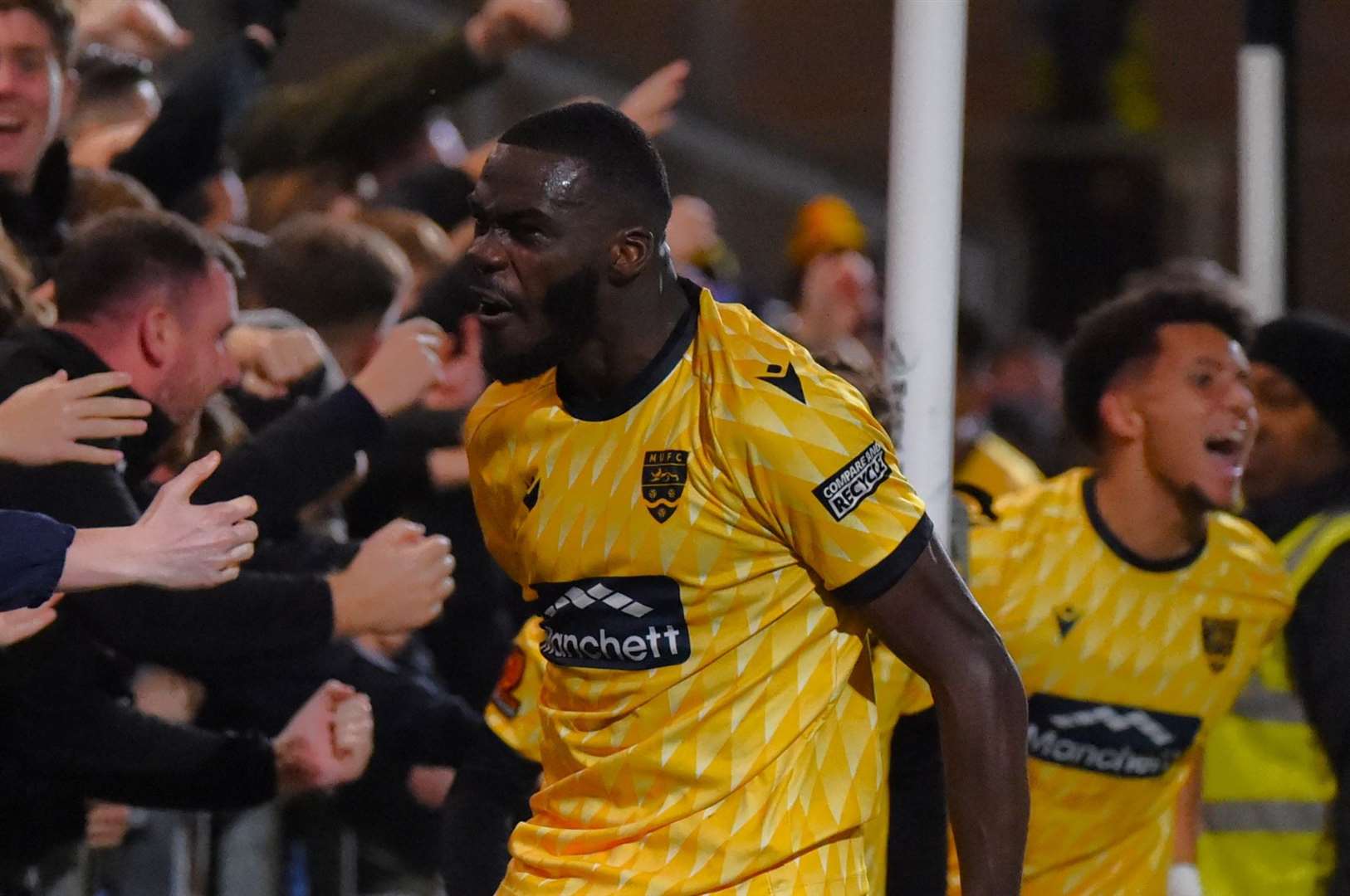 Levi Amantchi celebrates his injury-time winner at Dartford. Picture: Steve Terrell