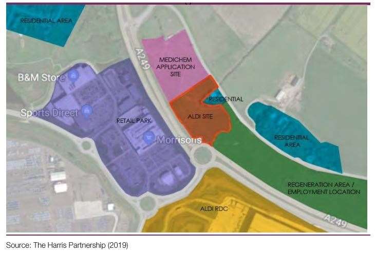 Orange is where Aldi wants to build a new supermarket off the A249 Brielle Way opposite Neats Court retail park. Map: Harris Partnership