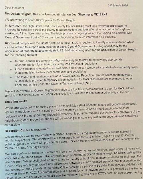 The letter that has been sent to resdeints informing them of KCC's plan for Ocean Heights Residential Home on Sheppey