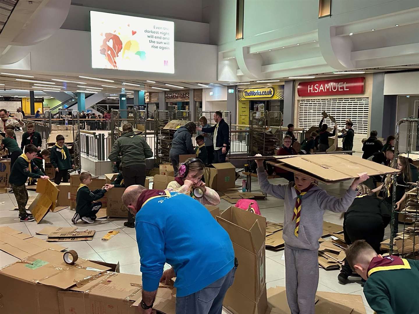 The Cubs made beds and homes out of donated cardboard boxes